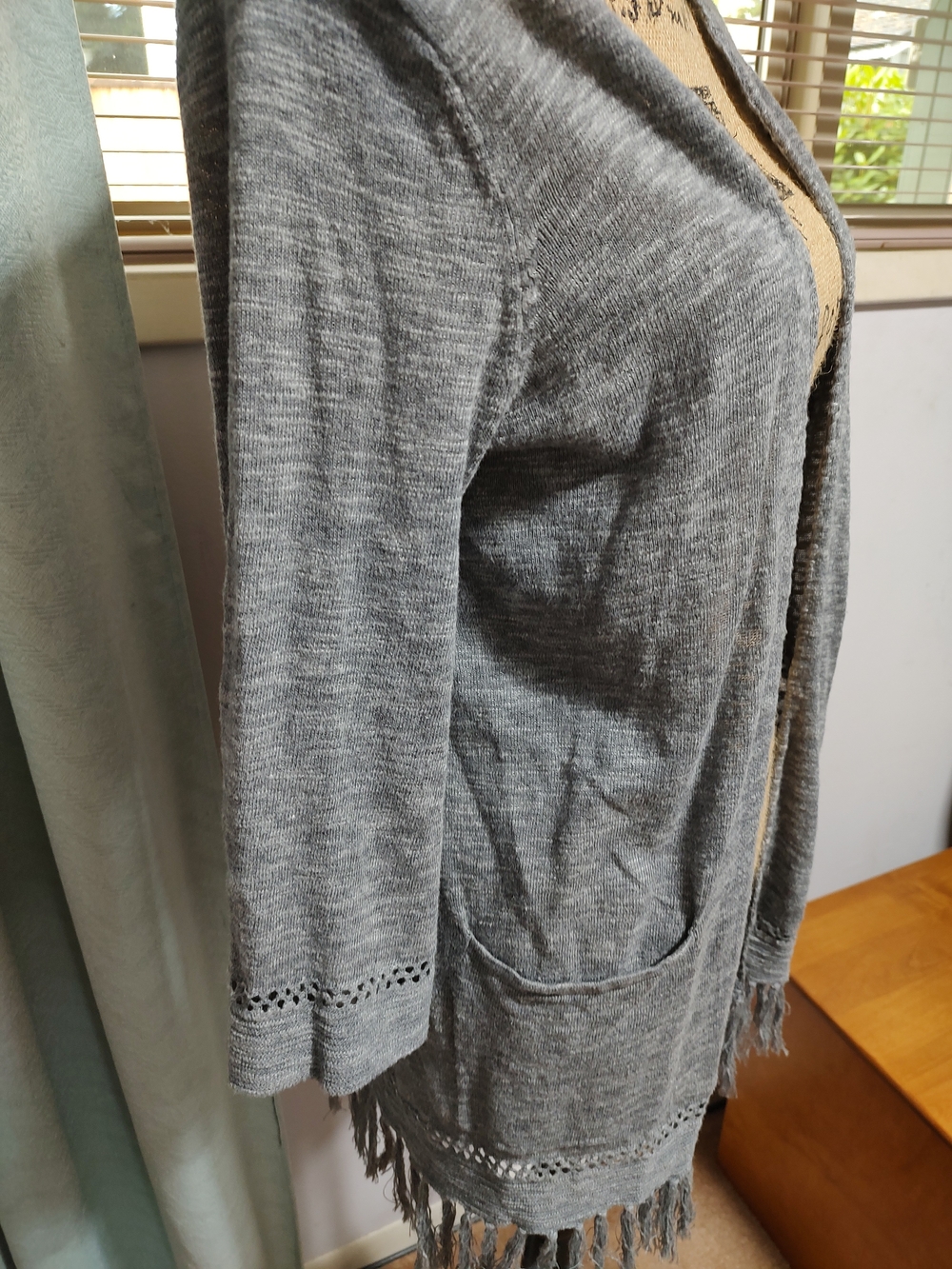 Sonoma Gray Open-Front Fringe Hem Cardigan